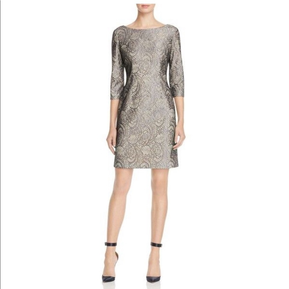 𝅺eliza J Metallic Lace Sheath Dress - Gun Metal